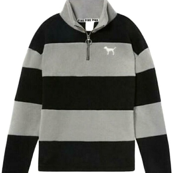 PINK Victoria's Secret Sweaters - Victorias Secret PINK Fleece Stripe Pullover Quarter Zip Sweater